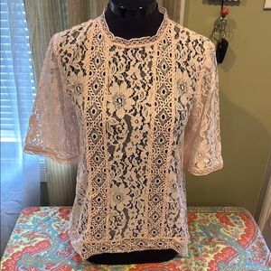 LOFT Light Pink Floral Lace Short Sleeve Blouse